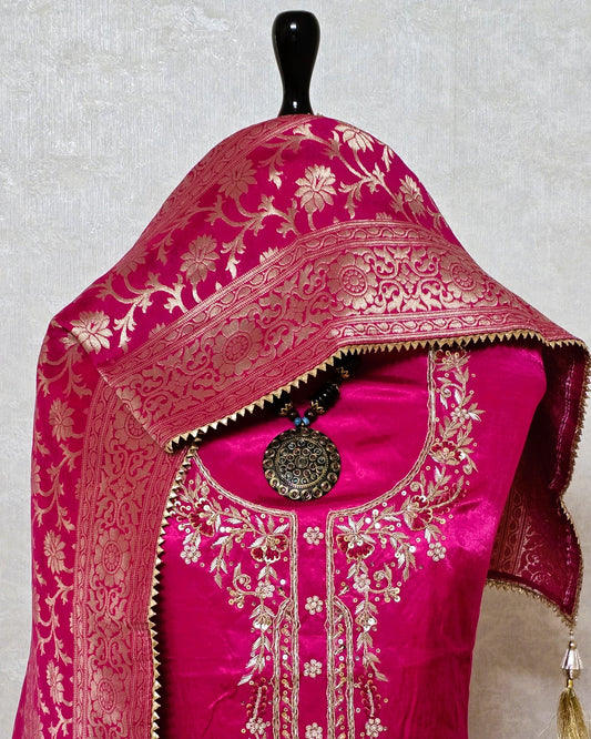 Fuchia Gaji Silk Gota Patti Suit Set with Dola Silk Dupatta