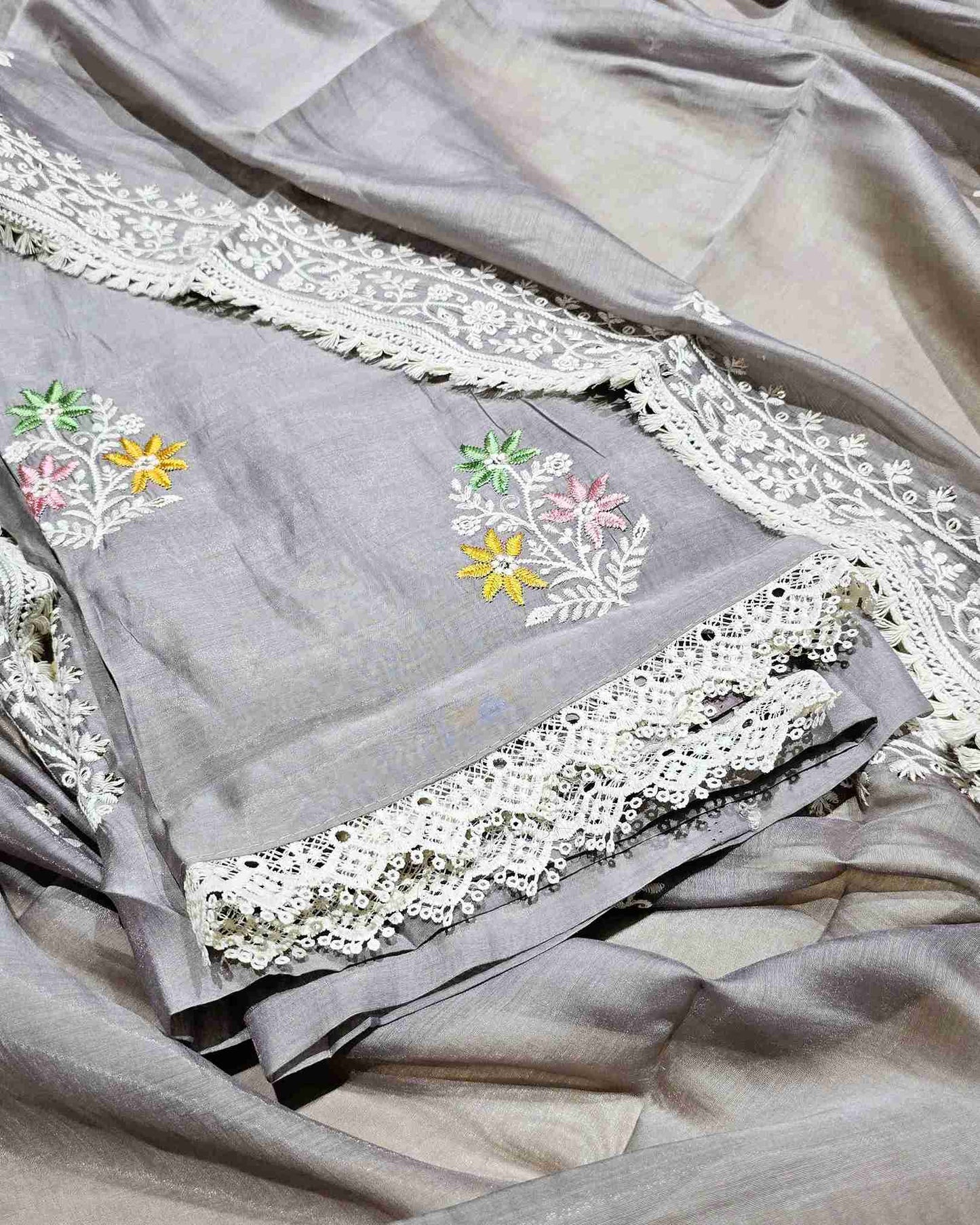Stone Grey MalChanderi with White Threadwork Suit Set with Lace-Edged Dupatta