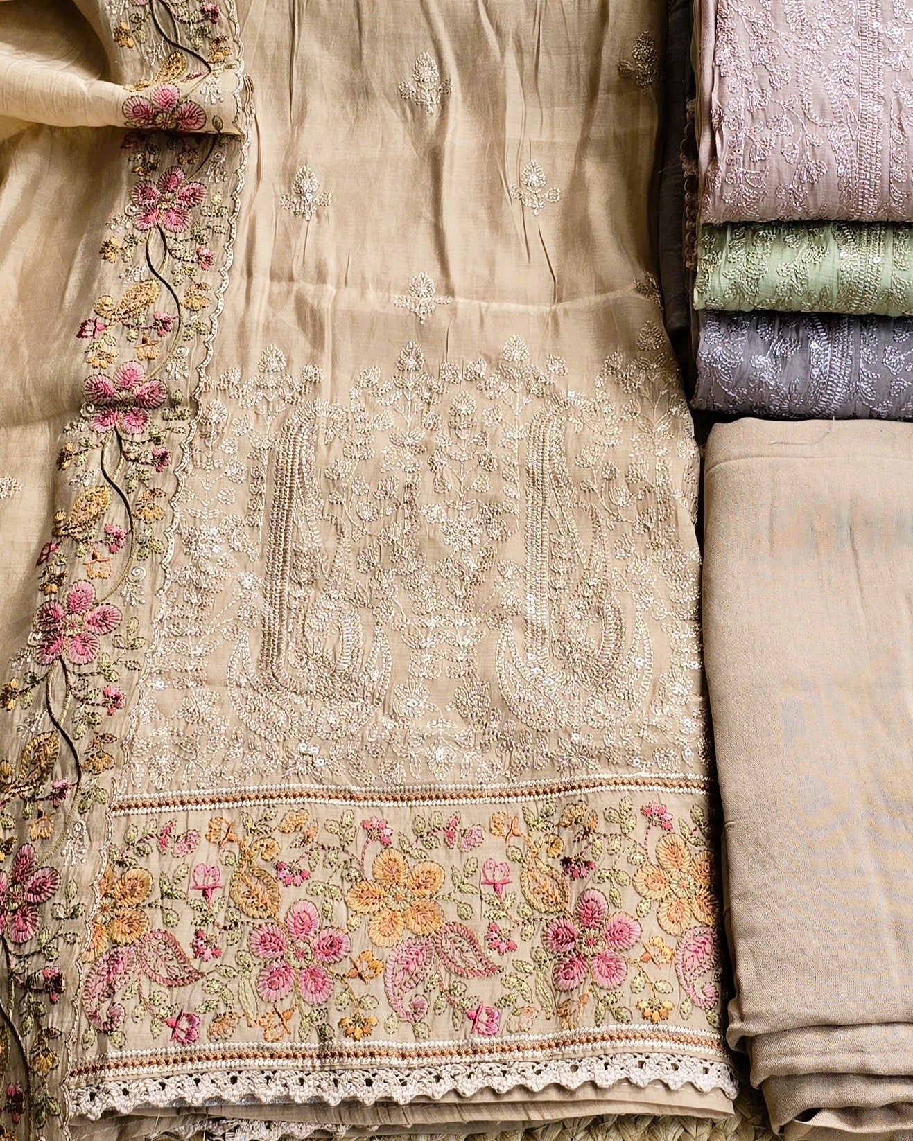 Premium Mal Chanderi Embroidered Suit Set with Intricately Embroidered Dupatta (Taupe)