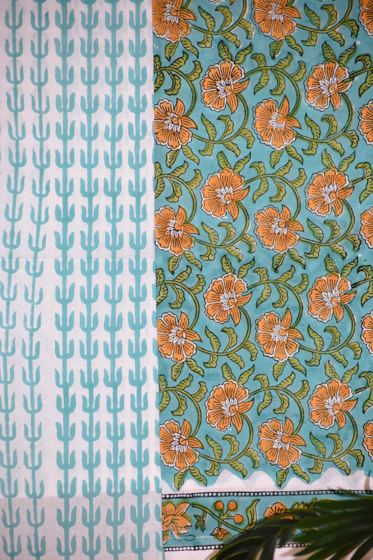 Teal Blue Floral Hand Block Printed Cotton Suit With Pure Chiffon Dupatta