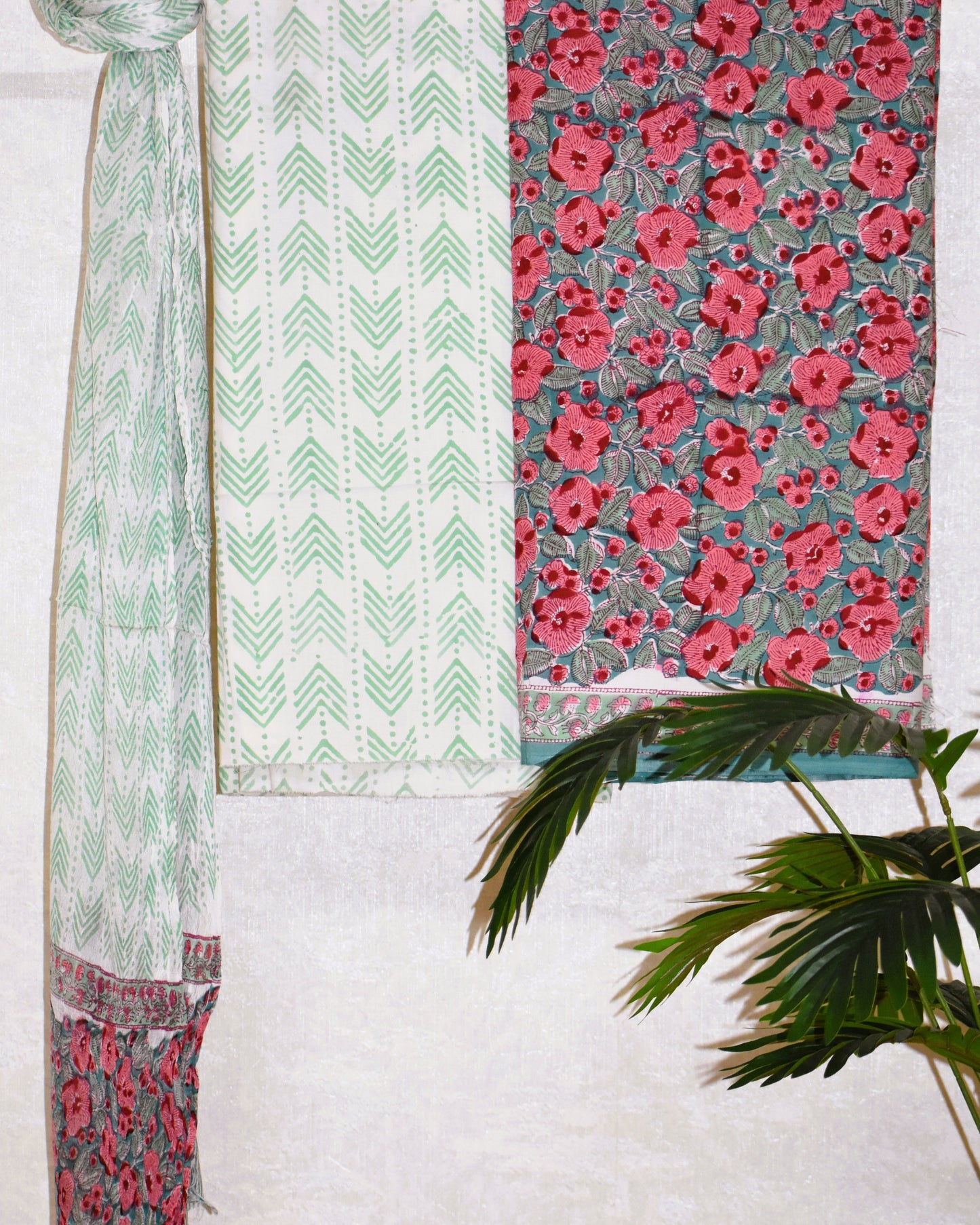 Floral Hand Block Printed Cotton Suit With Pure Chiffon Dupatta