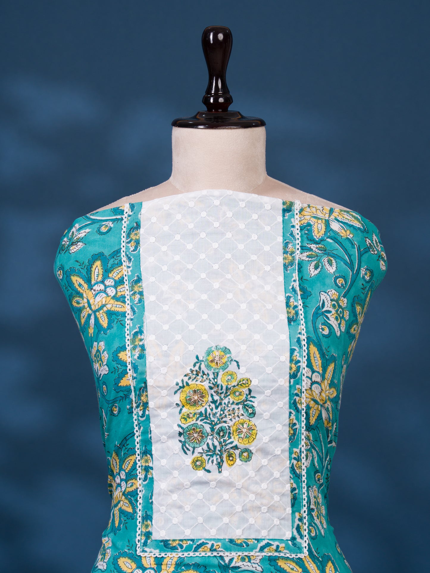 Hand Block Printed Cotton Suit with Elegant Neckwork and Printed Kota Doria Dupatta