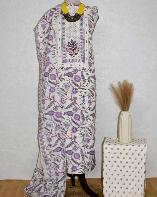 Hand Block Printed Cotton Suit with Elegant Neckwork and Soft Malmal Dupatta