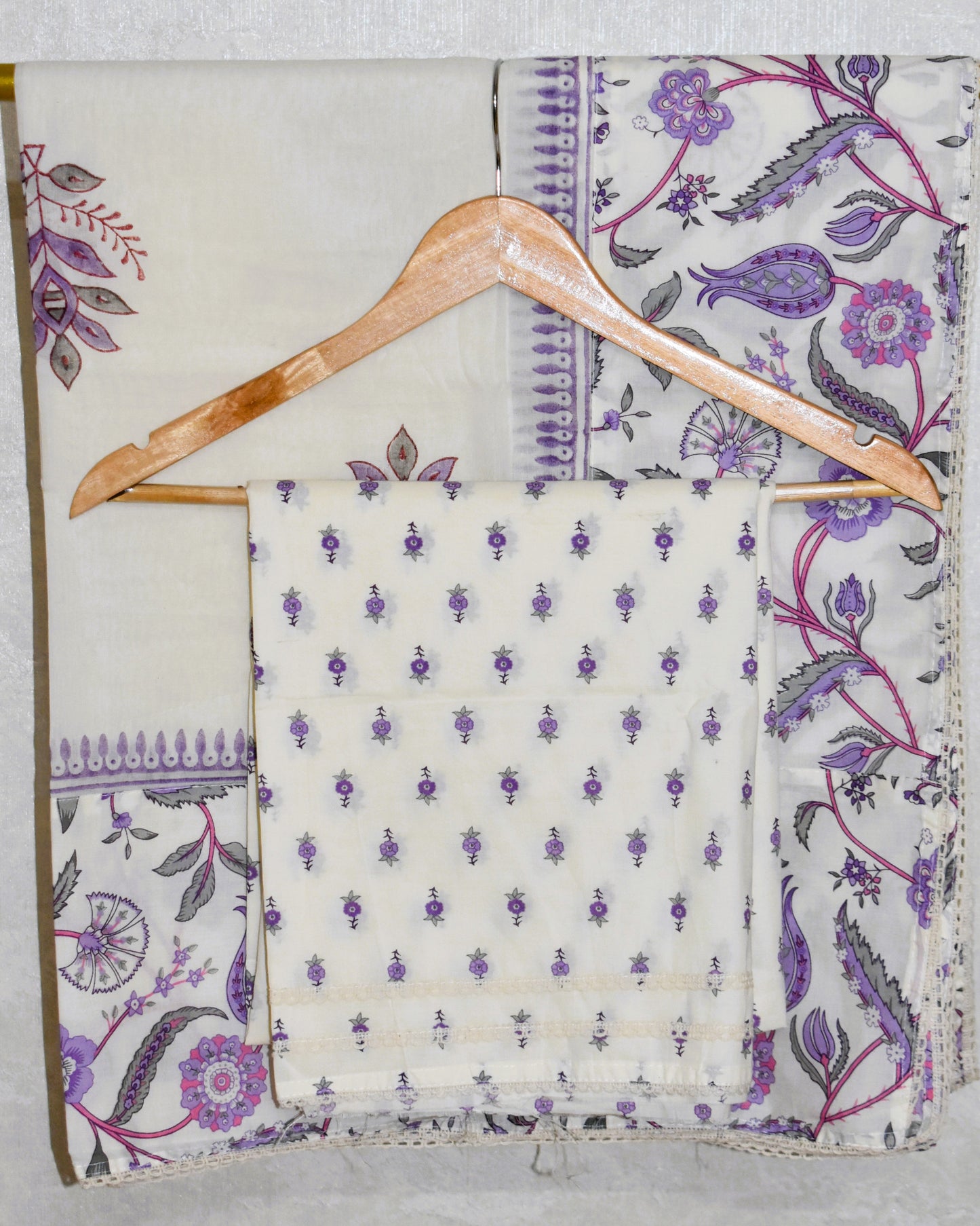 Hand Block Printed Cotton Suit with Elegant Neckwork and Soft Malmal Dupatta