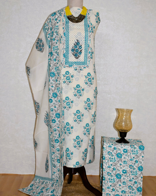 Hand Block Printed Cotton Suit with Elegant Neckwork and Soft Malmal Dupatta