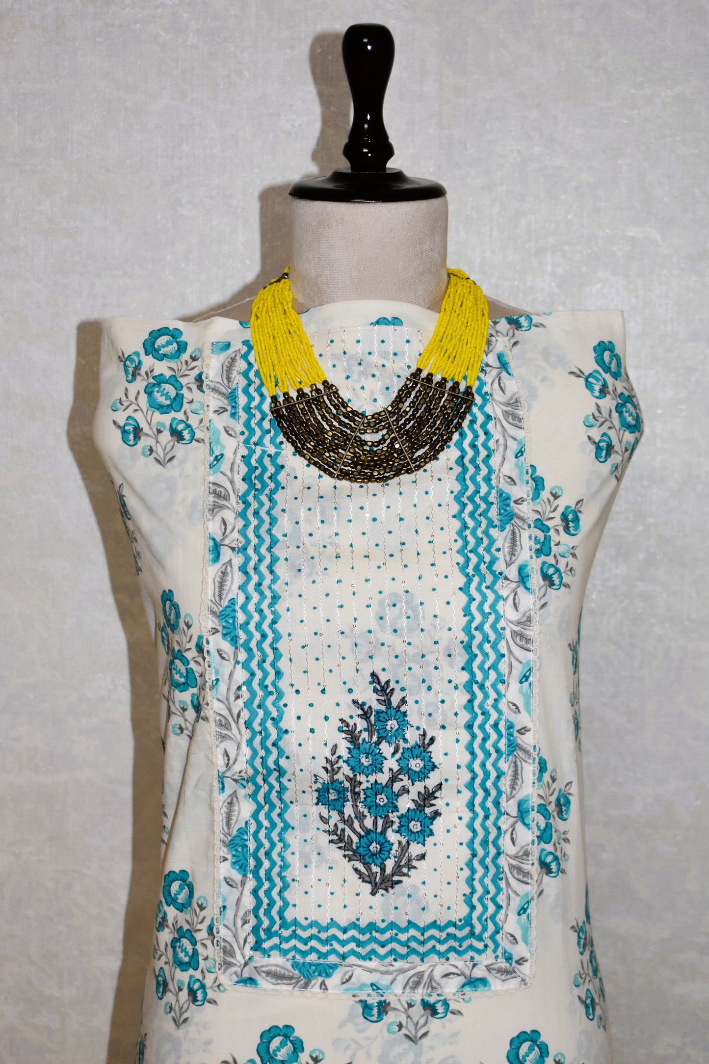 Hand Block Printed Cotton Suit with Elegant Neckwork and Soft Malmal Dupatta