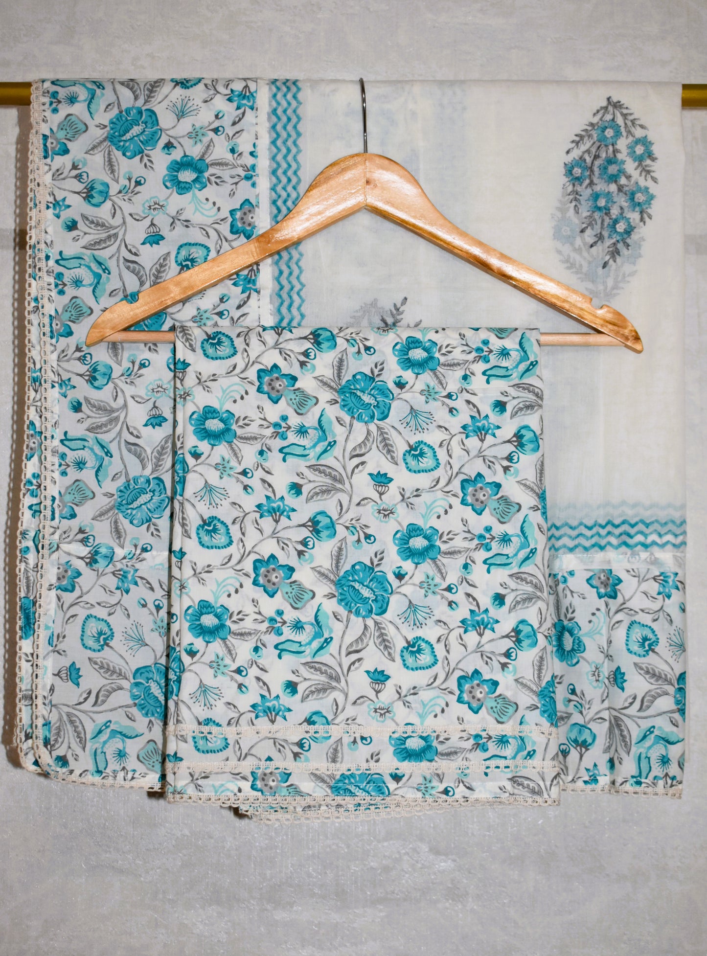 Hand Block Printed Cotton Suit with Elegant Neckwork and Soft Malmal Dupatta