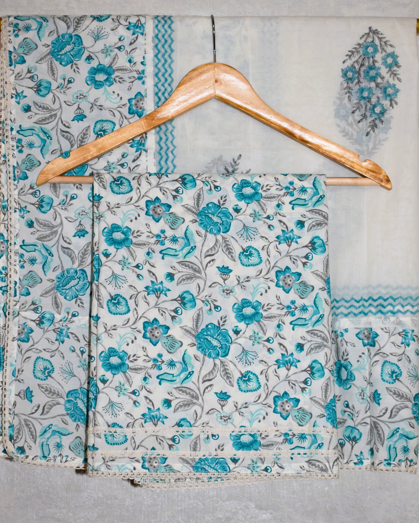 Hand Block Printed Cotton Suit with Elegant Neckwork and Soft Malmal Dupatta