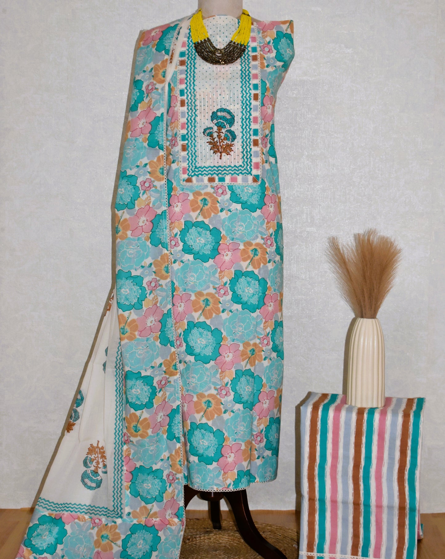 Hand Block Printed Cotton Suit with Elegant Neckwork and Soft Malmal Dupatta