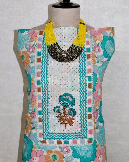 Hand Block Printed Cotton Suit with Elegant Neckwork and Soft Malmal Dupatta