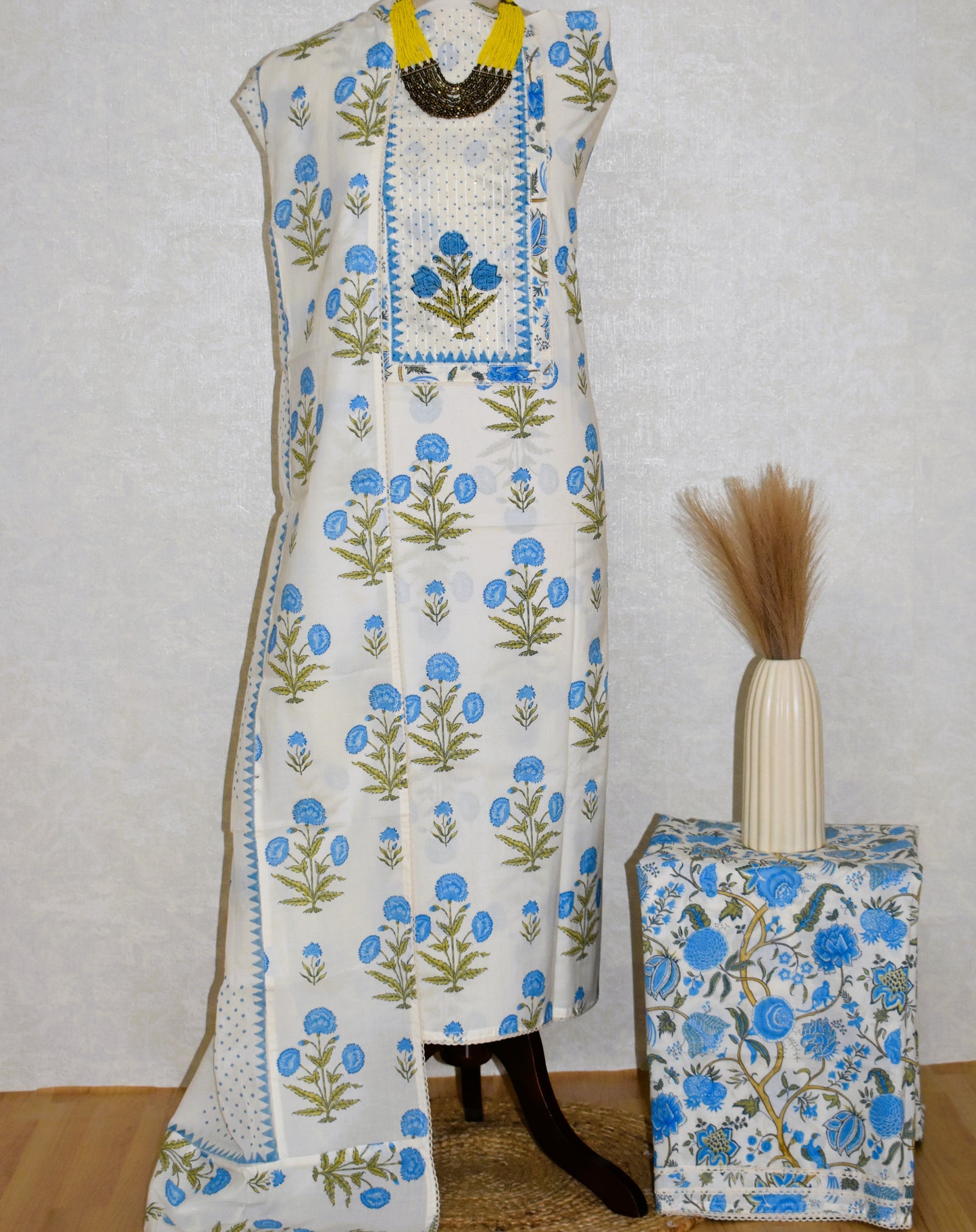 Hand Block Printed Cotton Suit with Elegant Neckwork and Soft Malmal Dupatta