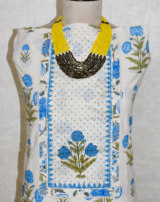 Hand Block Printed Cotton Suit with Elegant Neckwork and Soft Malmal Dupatta