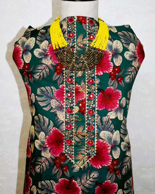 Hand Block Printed Cotton Suit with Elegant Neckwork and Soft Malmal Dupatta