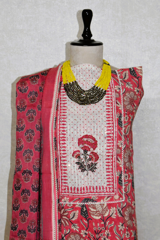 Hand Block Printed Cotton Suit with Elegant Neckwork and Soft Malmal Dupatta