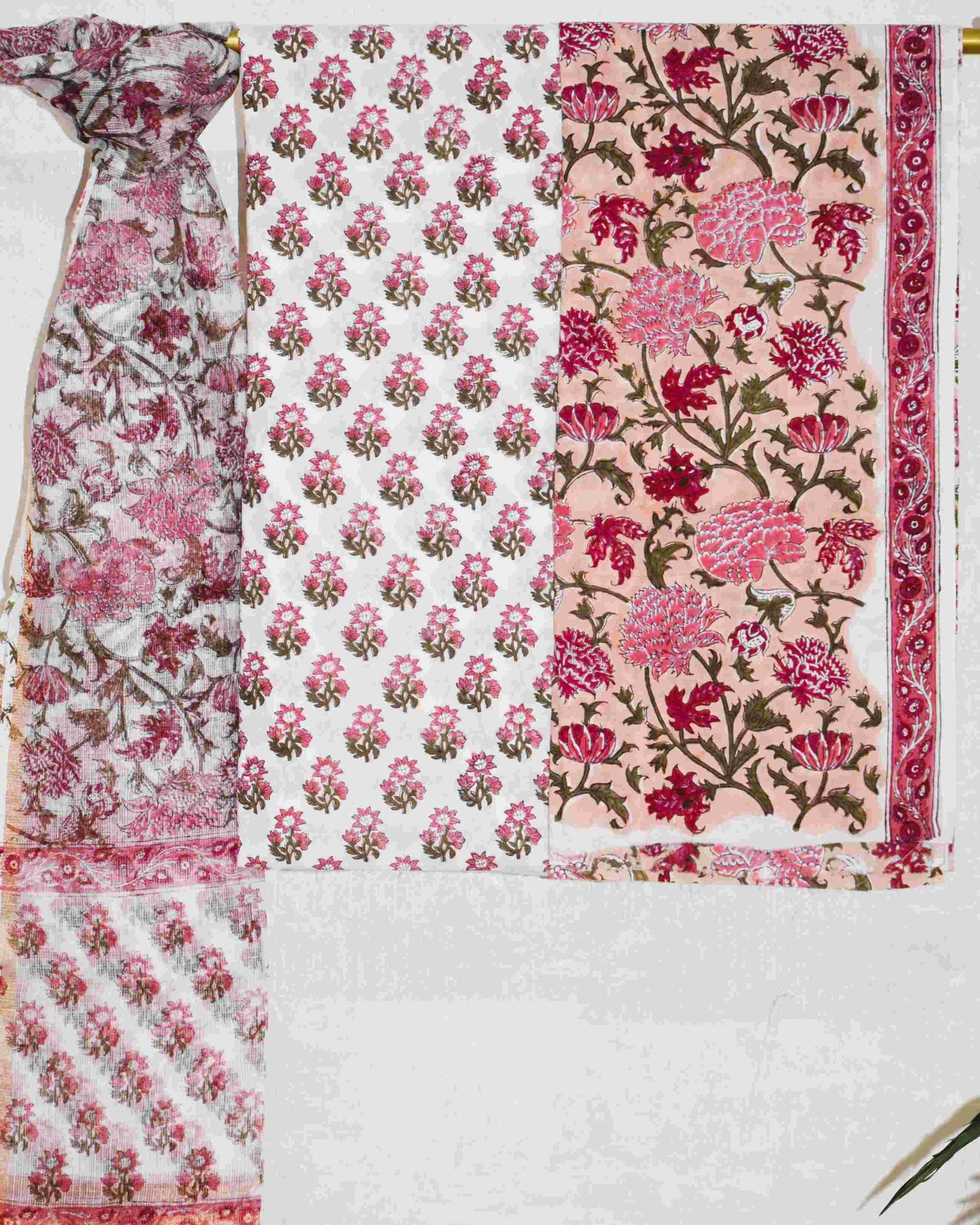 All-over Floral Hand Block Printed Cotton Suit With Kota Doria Dupatta