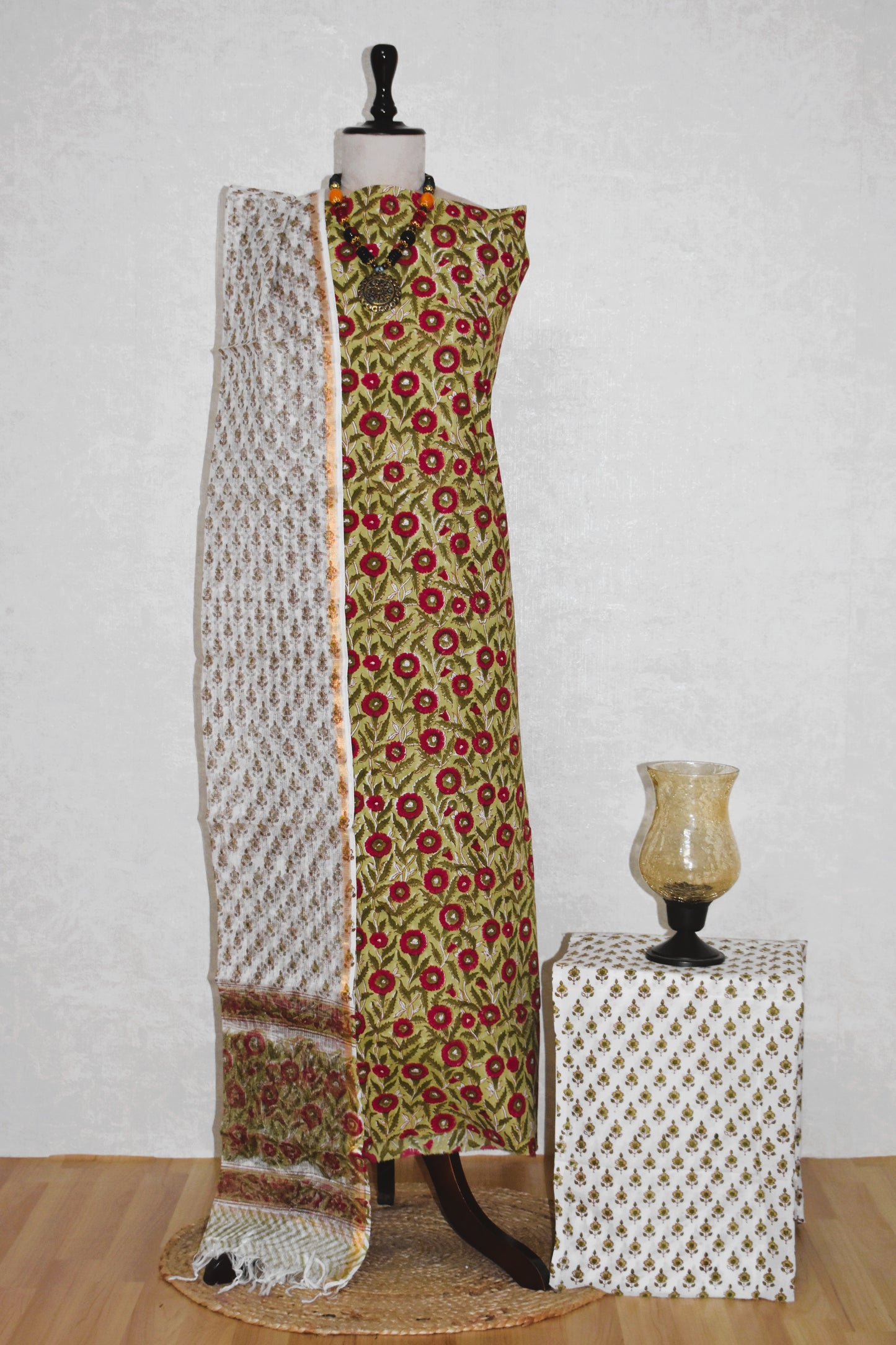 All-over Hand Block Printed Cotton Suit With Kota Doria Dupatta