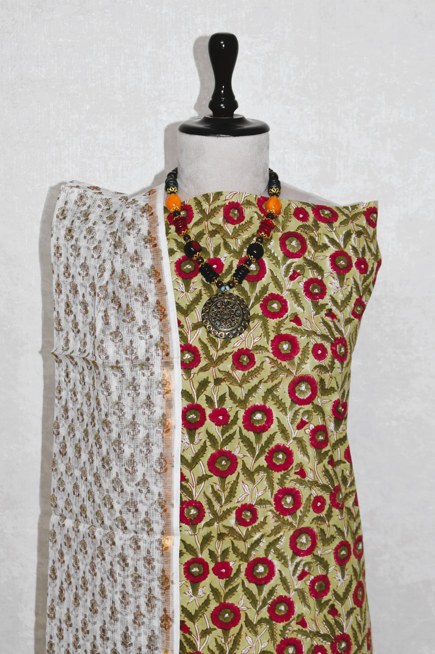 All-over Hand Block Printed Cotton Suit With Kota Doria Dupatta