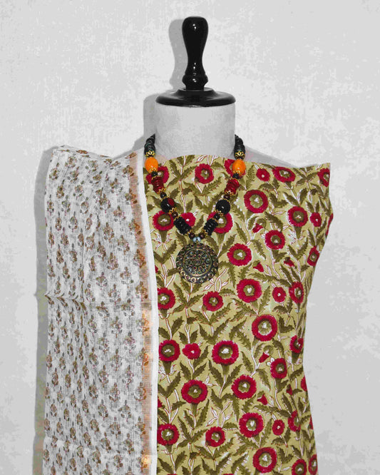 All-over Hand Block Printed Cotton Suit With Kota Doria Dupatta