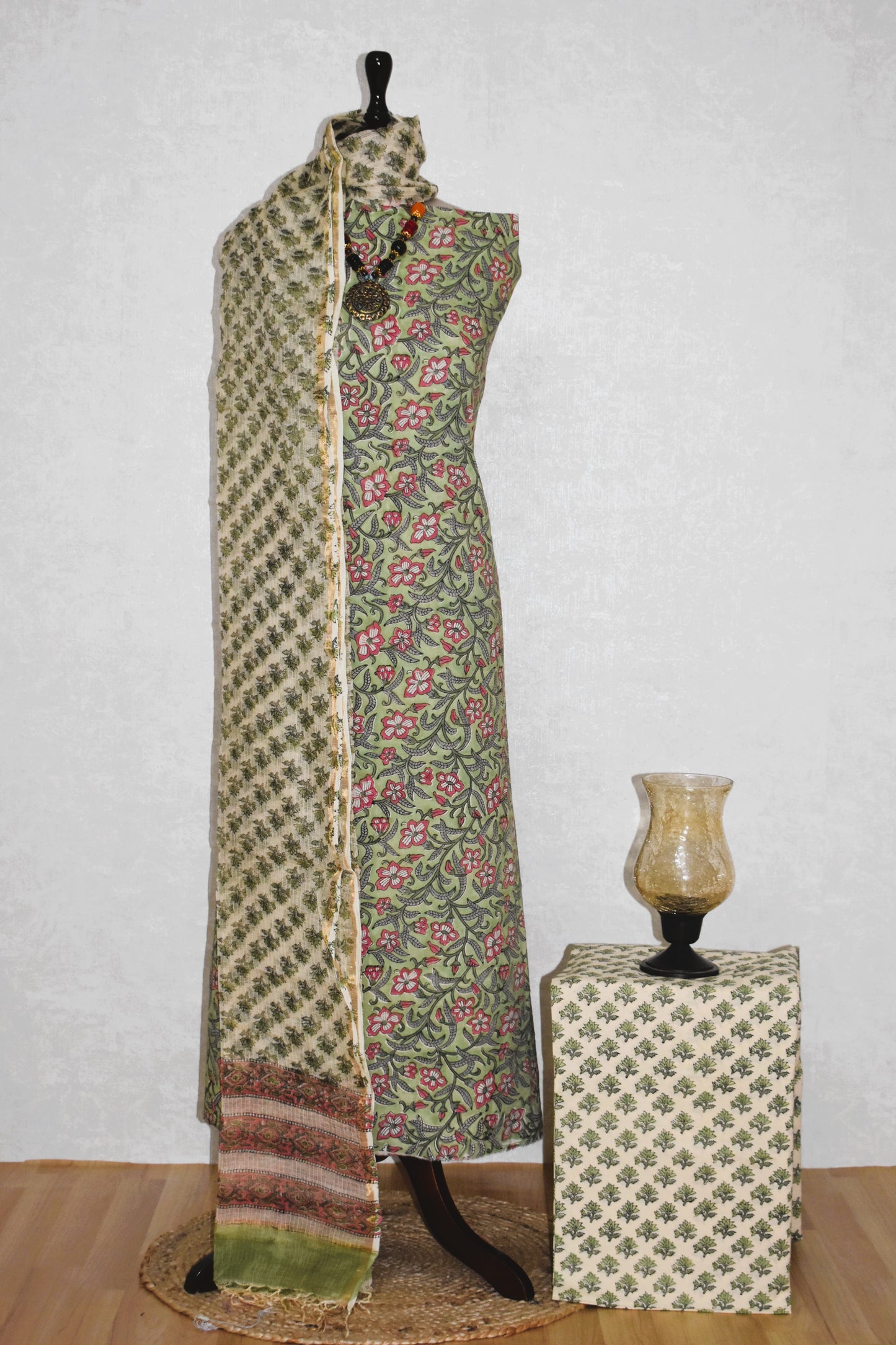 All-over Hand Block Printed Cotton Suit With Kota Doria Dupatta