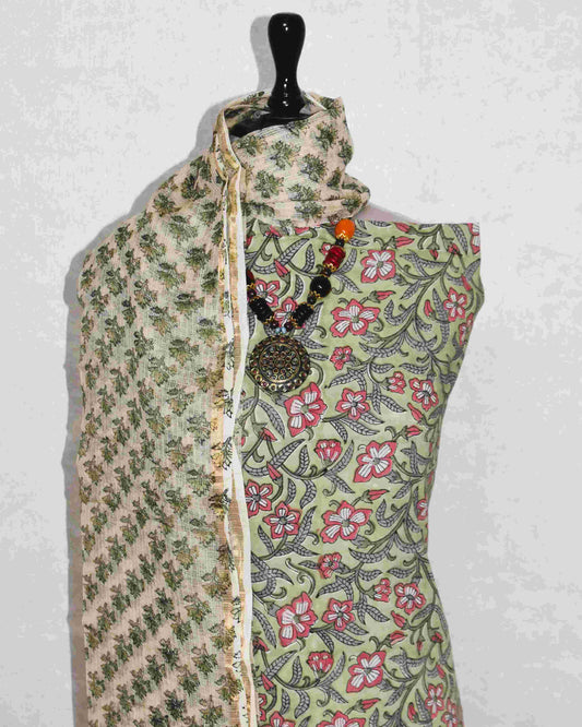 All-over Hand Block Printed Cotton Suit With Kota Doria Dupatta