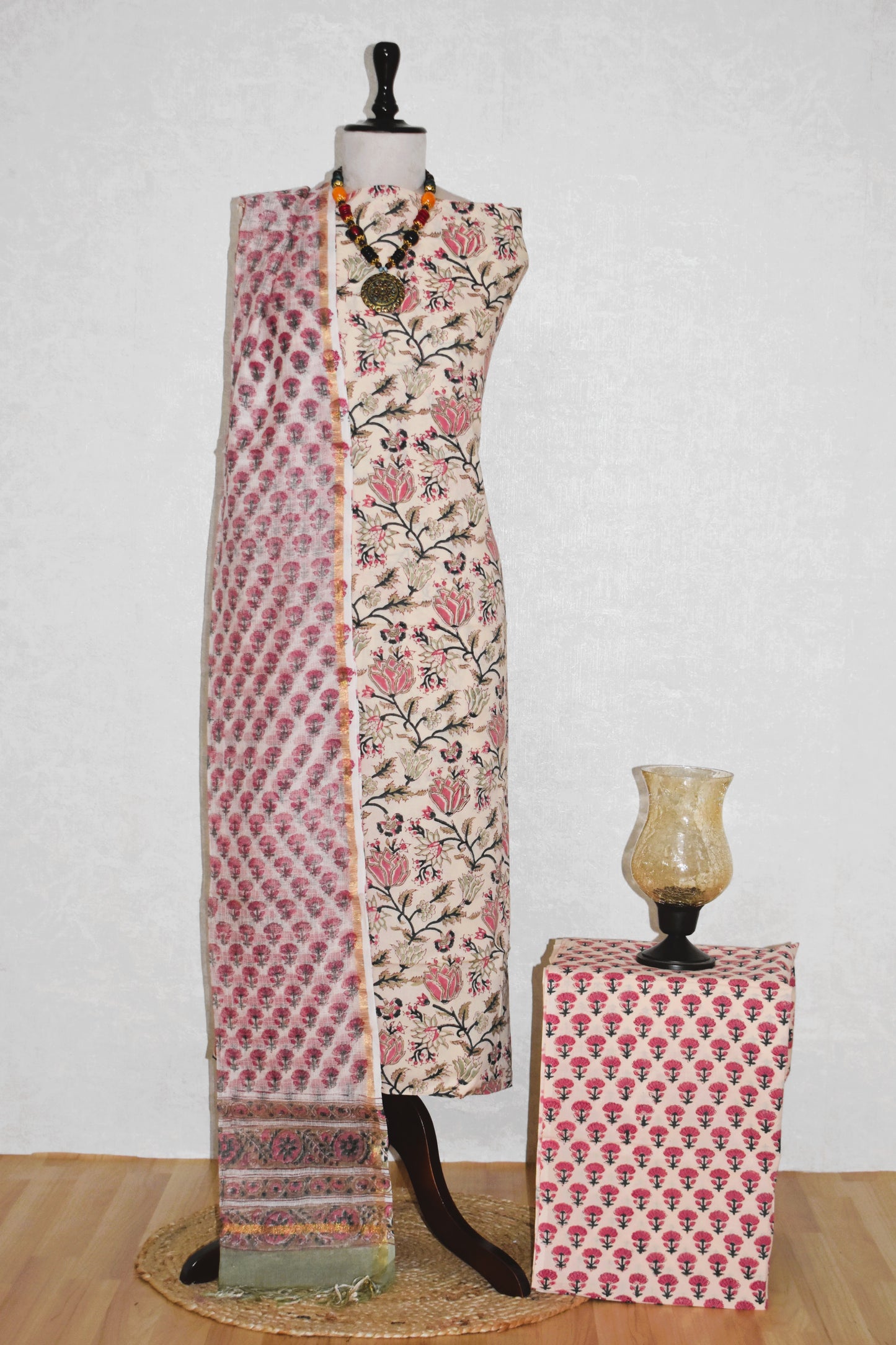 All-over Hand Block Printed Cotton Suit With Kota Doria Dupatta