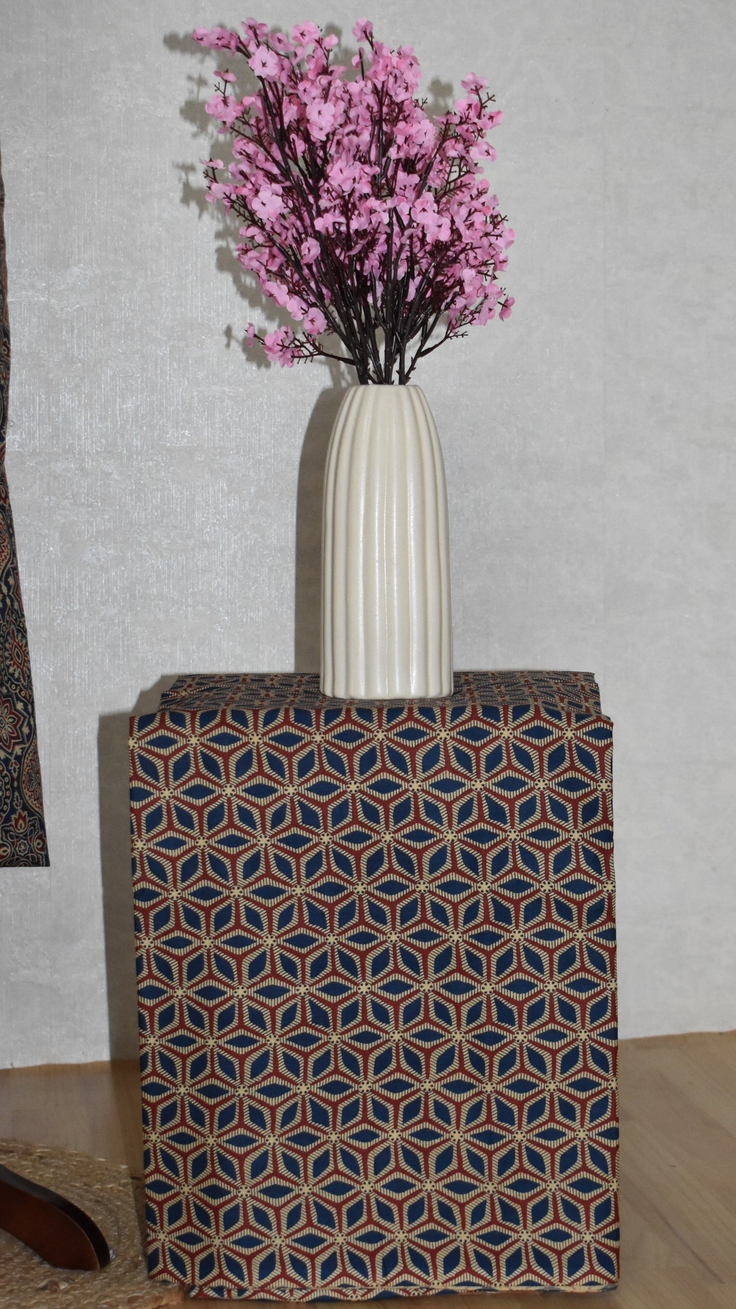 Blue AJRAK Printed Unstitched Cotton Suit Set with Kota Doria Dupatta