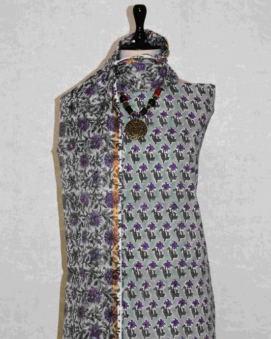 All-over Small Floral Buti Hand Block Printed Cotton Suit With Kota Doria Dupatta