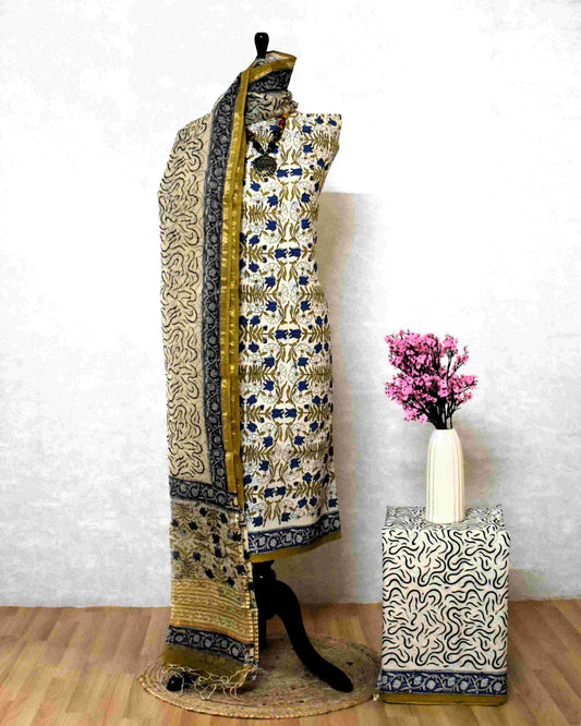 Blue Floral Jaal (BAGRU PRINT) Hand Block Printed Cotton Suit With Kota Doria Dupatta