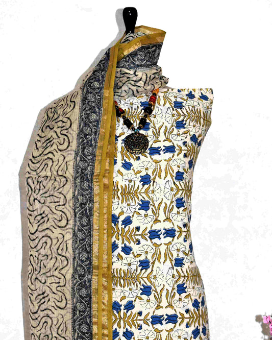 Blue Floral Jaal (BAGRU PRINT) Hand Block Printed Cotton Suit With Kota Doria Dupatta