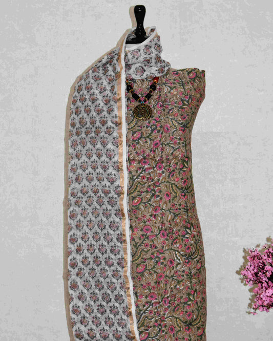 All-over Pink Floral Jaal Hand Block Printed Cotton Suit With Kota Doria Dupatta