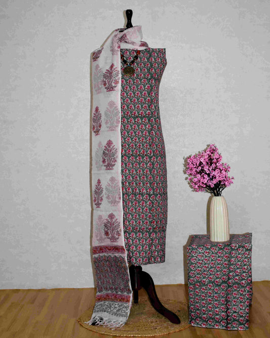 All-over Small Floral Buti Hand Block Printed Cotton Suit With Kota Doria Dupatta