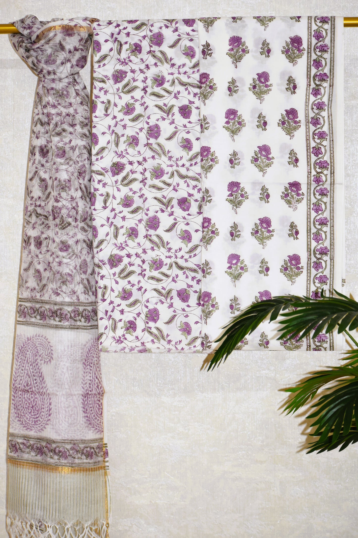 Purple Floral Hand Block Printed Cotton Suit With Kota Doria Dupatta