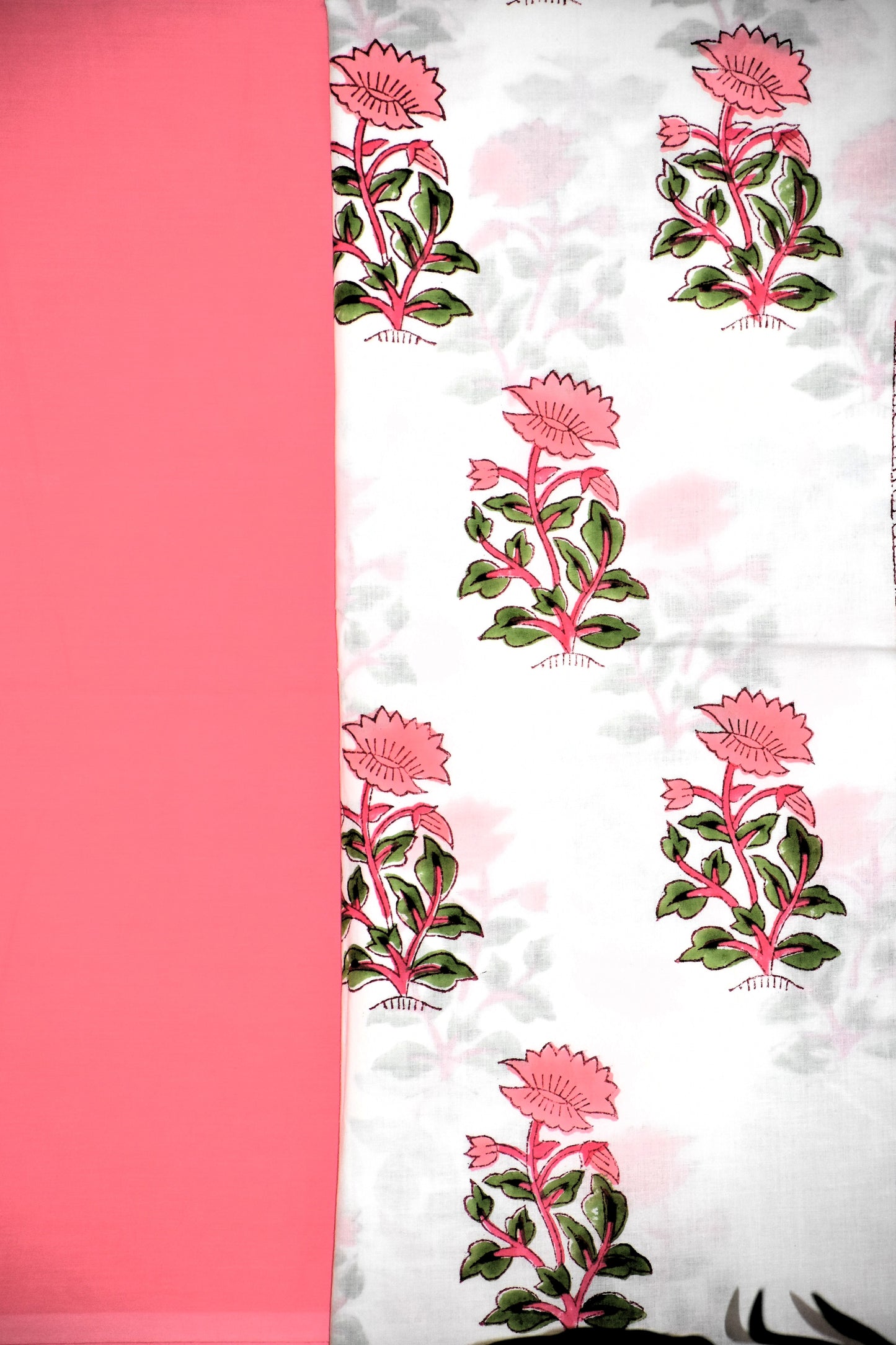 Pink Floral Hand Block Printed Cotton Suit With Kota Doria Dupatta