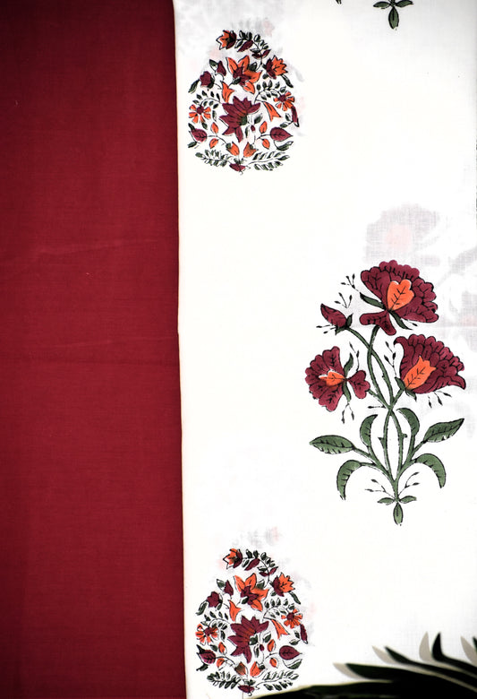 Red Floral Hand Block Printed Cotton Suit With Kota Doria Dupatta