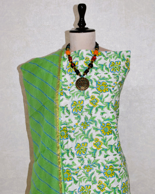 Green Floral Hand Block Printed Cotton Suit with Kota Doria Lehriya Dupatta