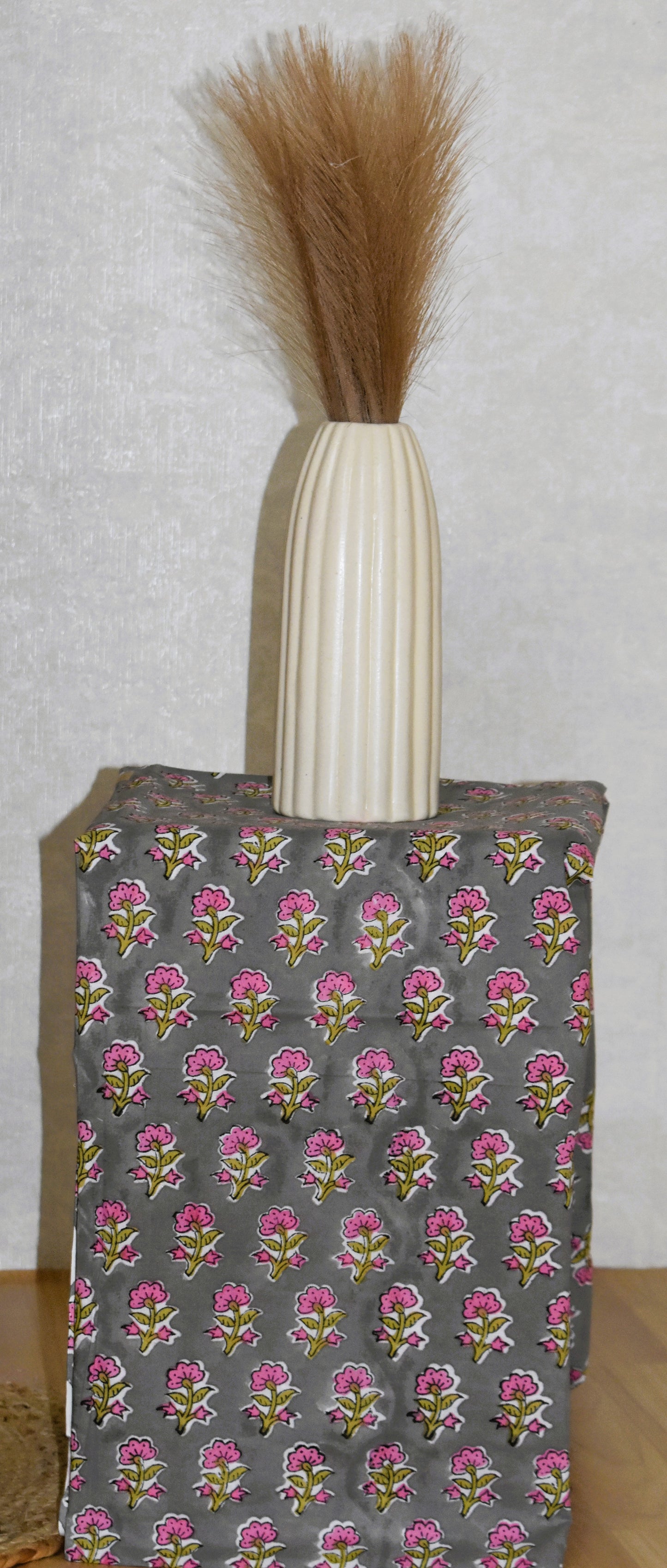 Ash Grey Floral Hand Block Printed Cotton Suit with Kota Doria Lehriya Dupatta