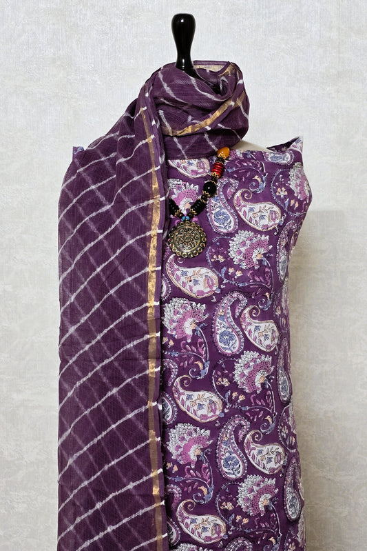 Purple Paisley Hand Block Printed Cotton Suit with Kota Doria Lehriya Dupatta
