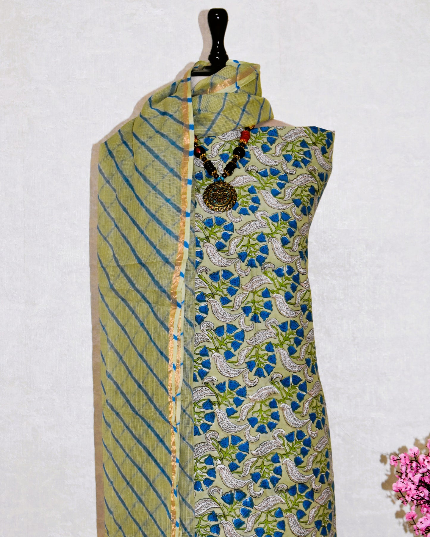 Green Hand Block Printed Cotton Suit with Kota Doria Lehriya Dupatta