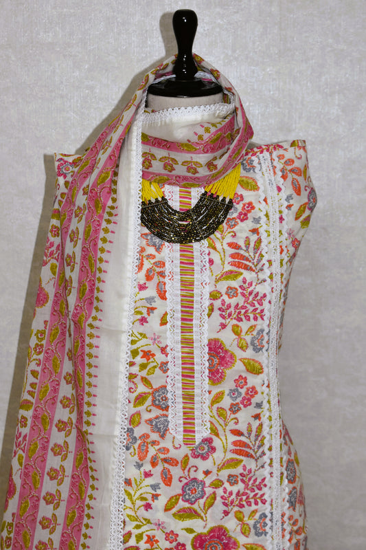 Hand Block Printed Cotton Suit with Crochet Lace Work and Malmal Dupatta
