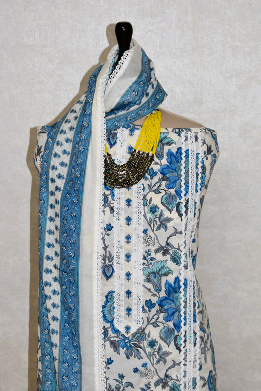 Hand Block Printed Cotton Suit with Crochet Lace Work and Malmal Dupatta