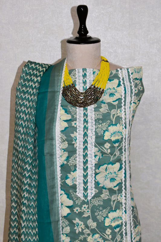 Hand Block Printed Cotton Suit with Crochet Lace Work and Malmal Dupatta
