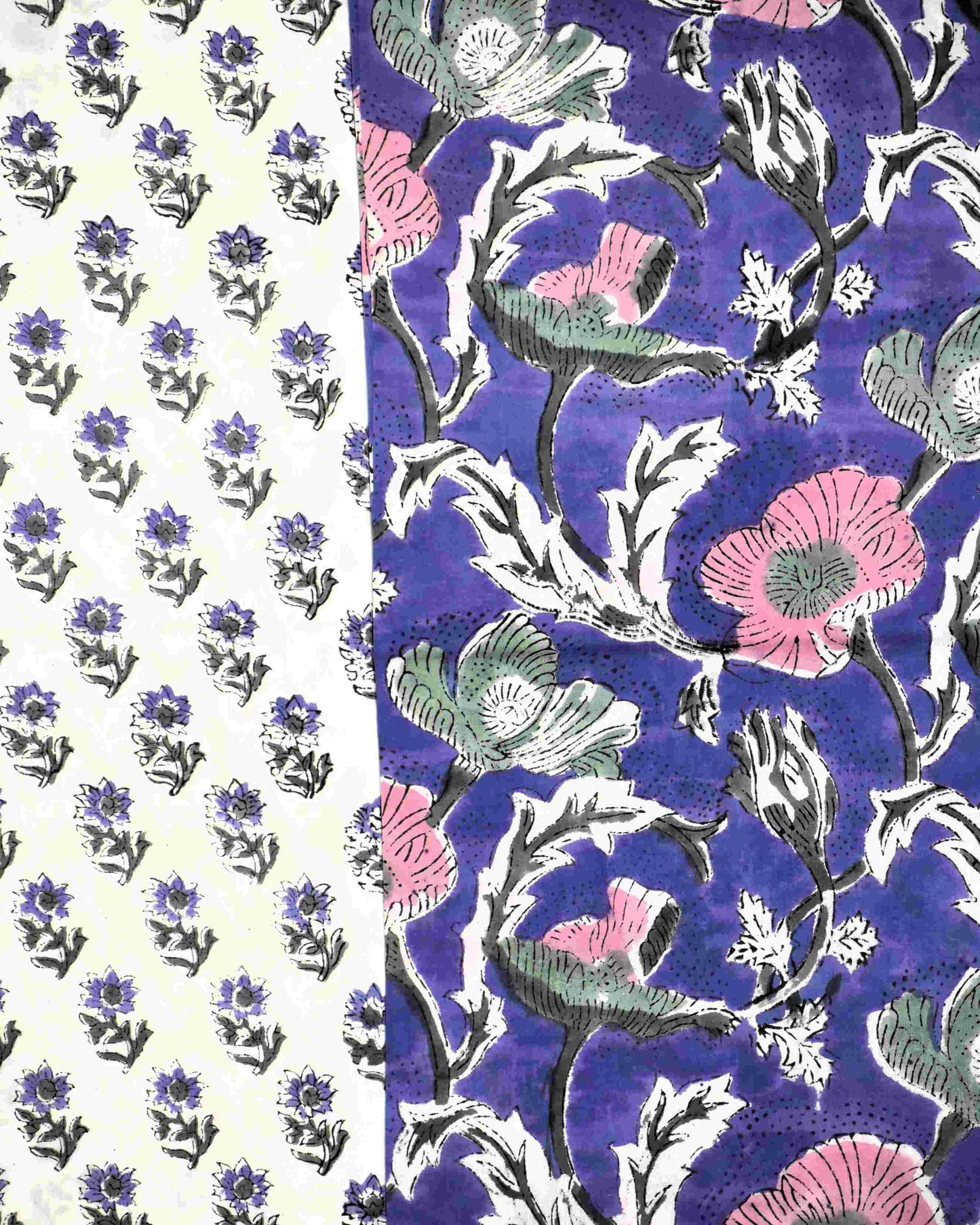 Pink on Purple Floral Hand Block Printed Cotton Suit with Malmal Dupatta