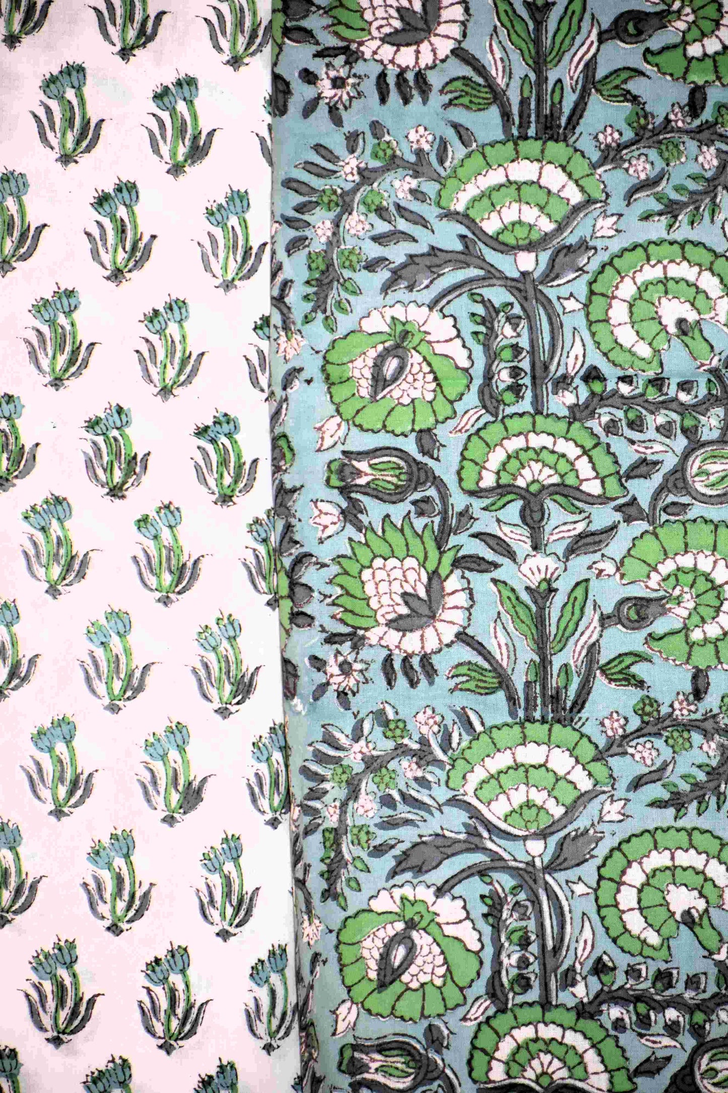 Blue-Green Floral Hand Block Printed Cotton Suit with Malmal Dupatta