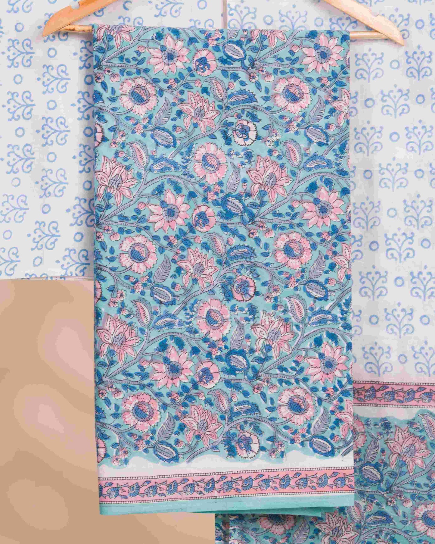 Aqua Blue All-over Floral Hand Block Printed Cotton Suit with Malmal Dupatta