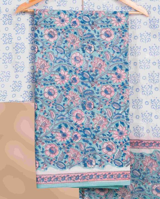 Aqua Blue All-over Floral Hand Block Printed Cotton Suit with Malmal Dupatta