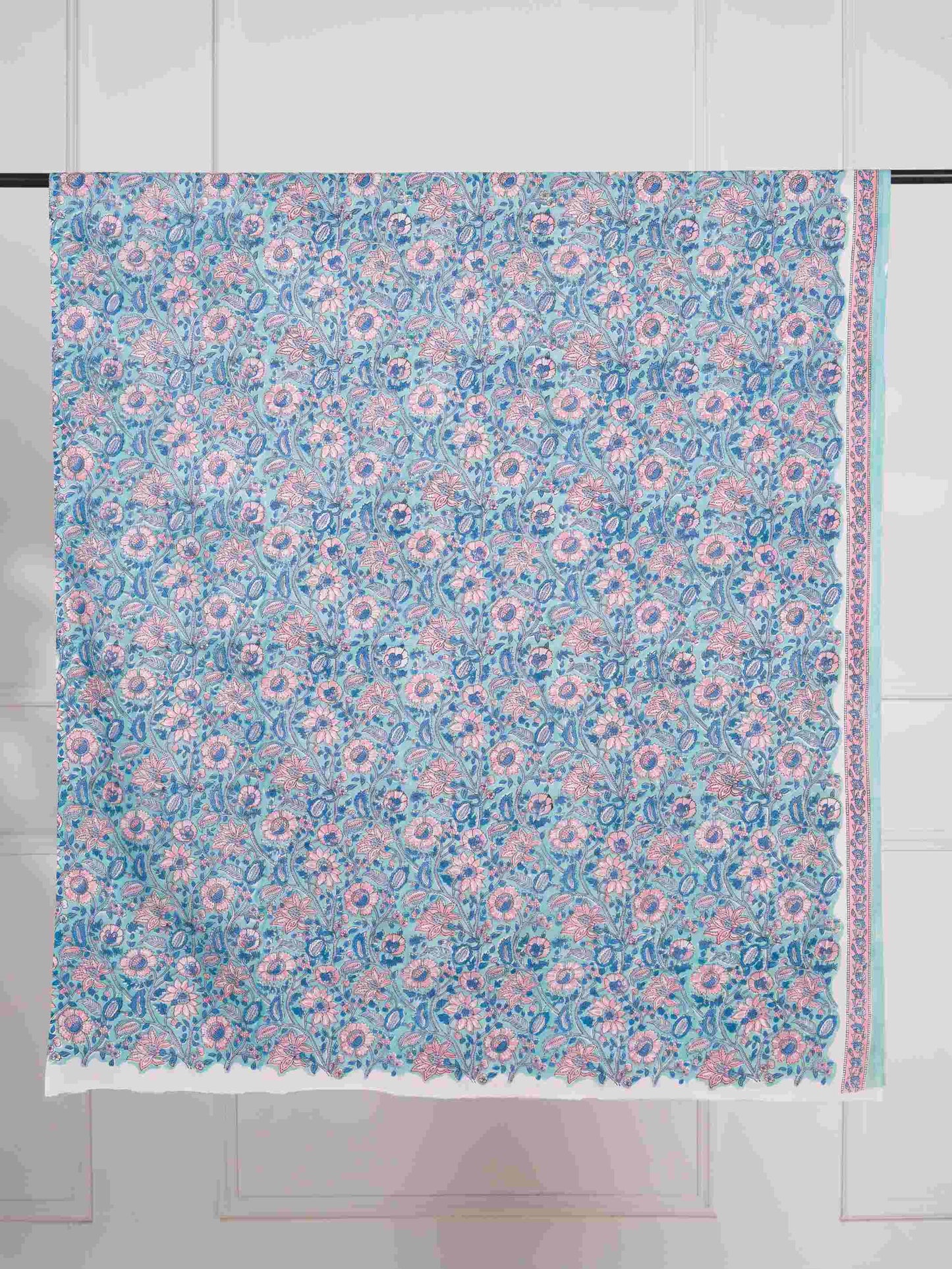 Aqua Blue All-over Floral Hand Block Printed Cotton Suit with Malmal Dupatta