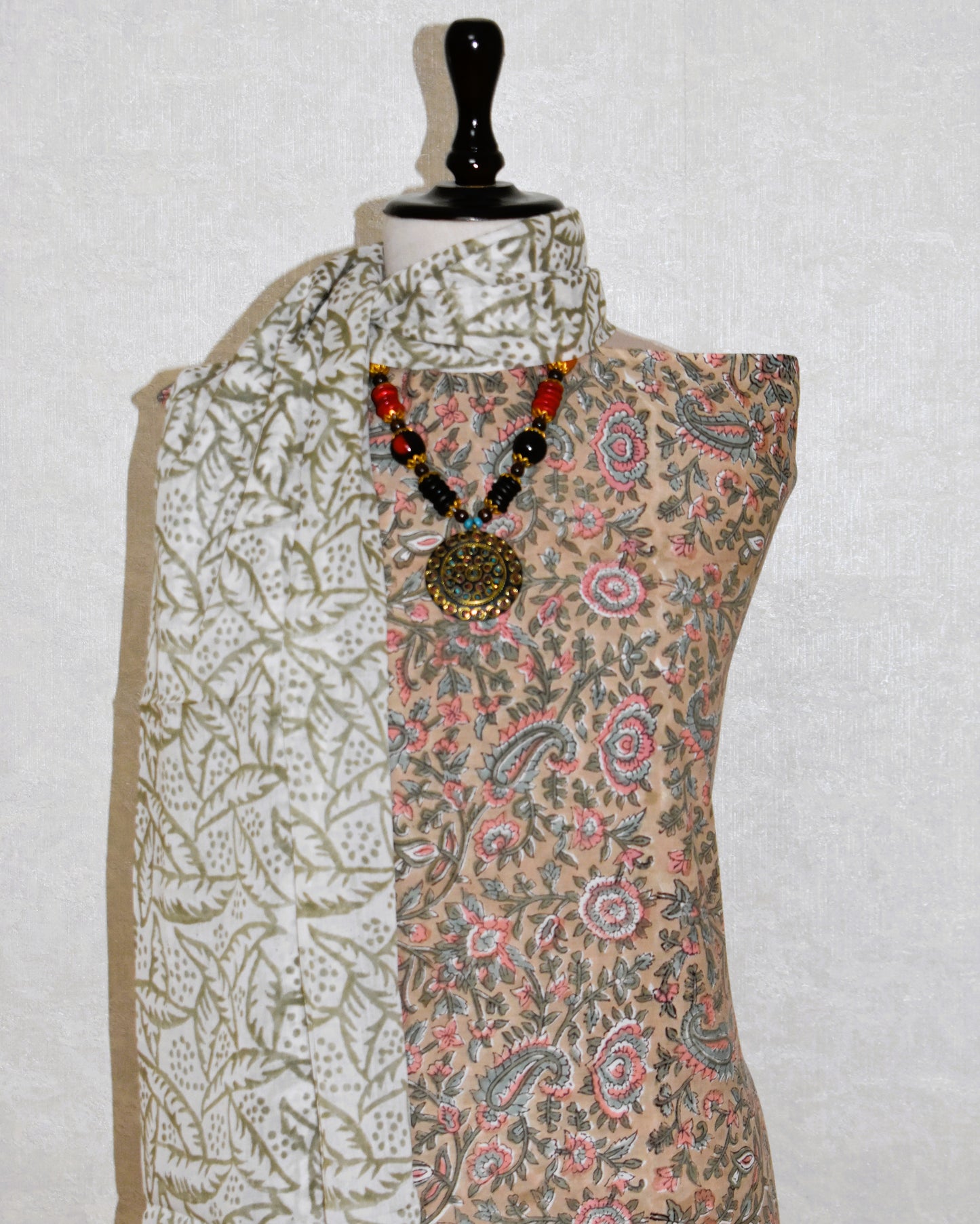 All-over Floral Paisley Hand Block Printed Cotton Suit with Malmal Dupatta