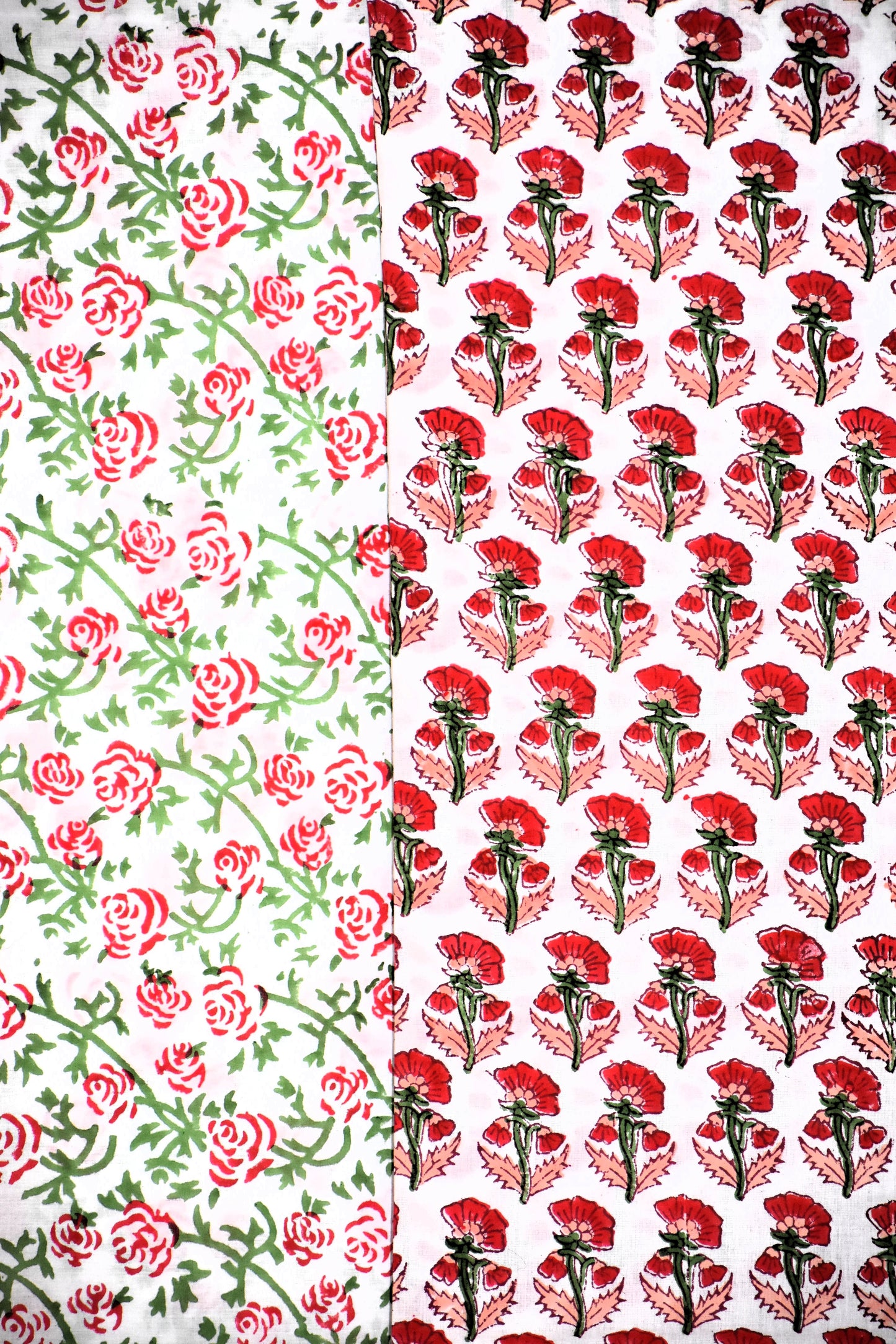 Red Floral Small Buti Hand Block Printed Cotton Suit with Bandej Malmal Dupatta