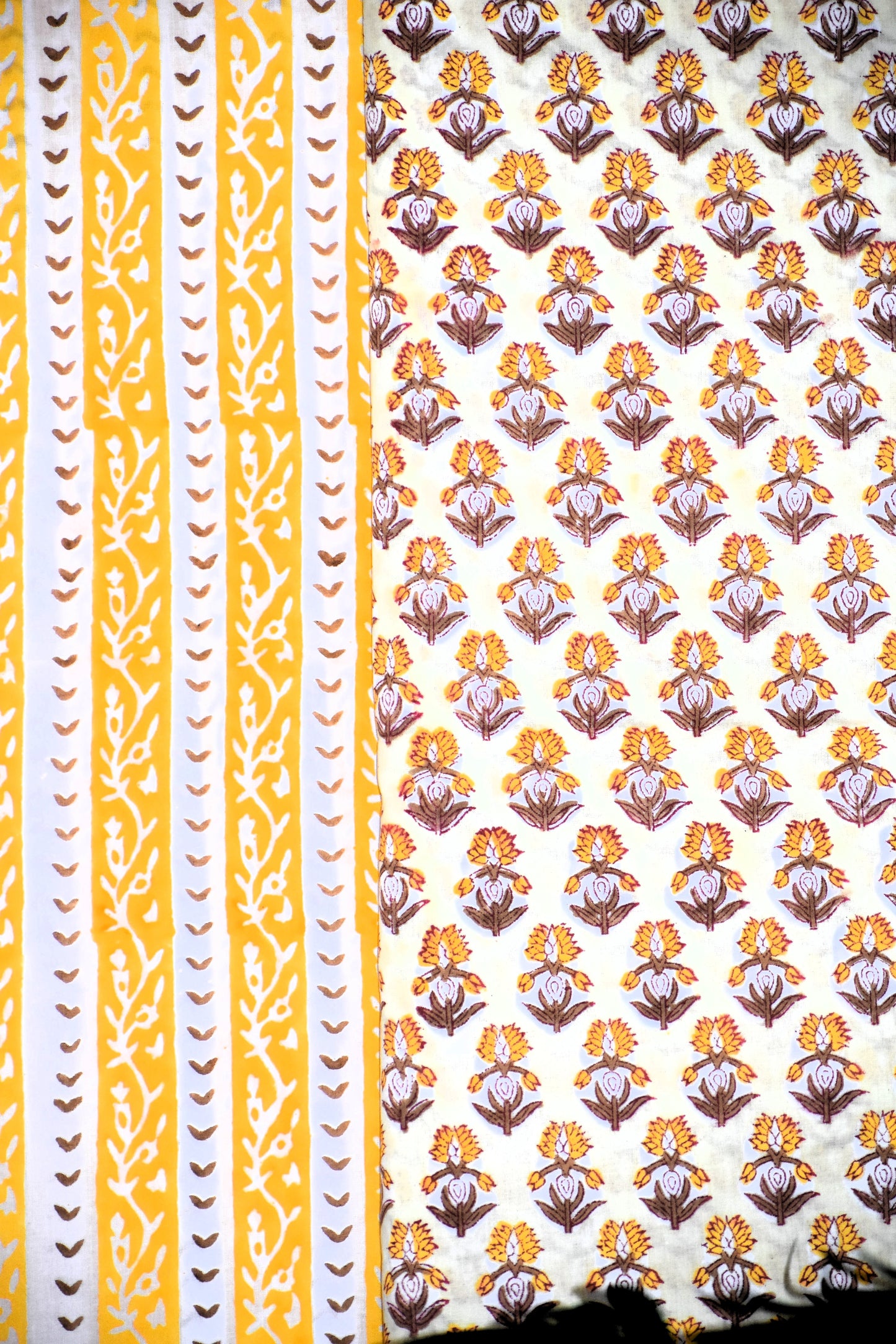Yellow Small All-over Buti Hand Block Printed Cotton Suit with Bandej Malmal Dupatta