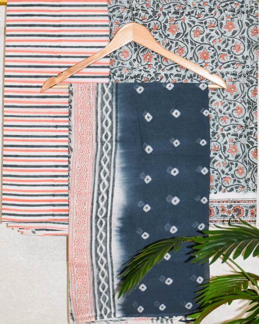 Blue-grey Floral Hand Block All-over Printed Cotton Suit with Bandej Malmal Dupatta